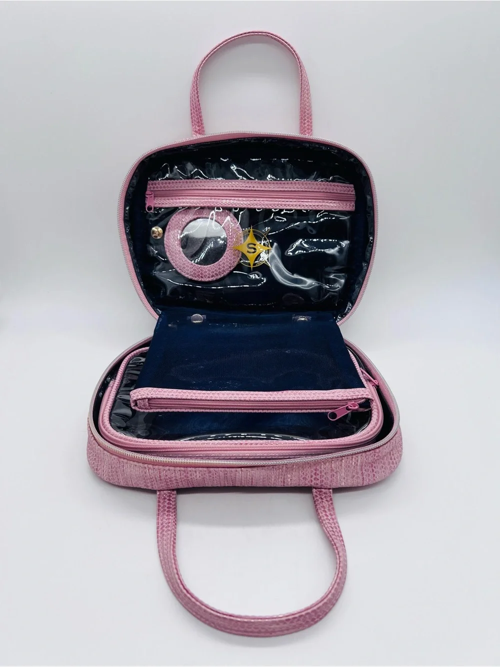 Stephanie Johnson Pink Textured Zip Around Laura Cosmetic Case with Top Handle